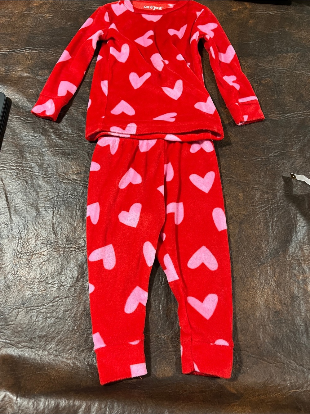 Cat & Jack Red Fleece Pajama Set with Pink Hearts